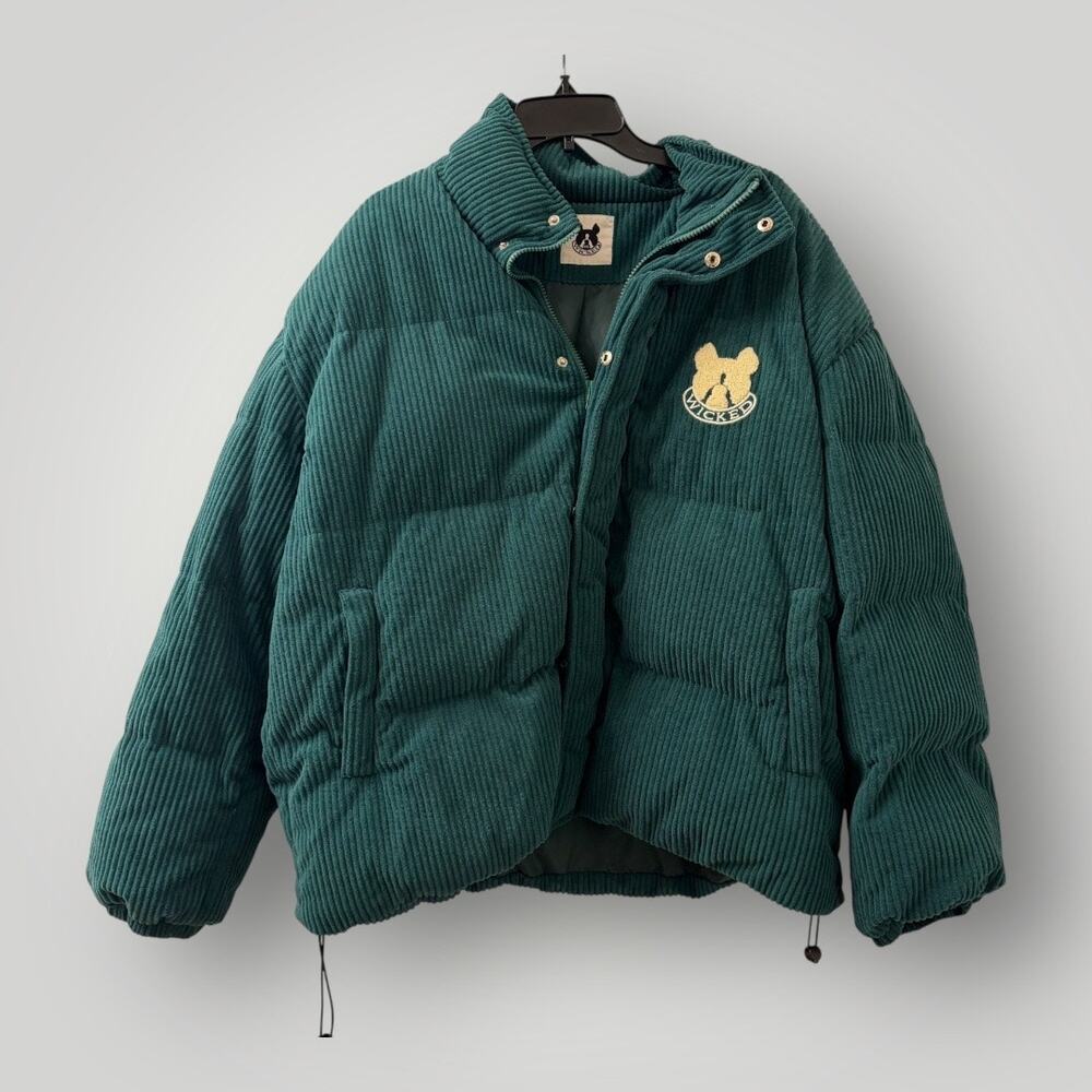 Wicked Corduroy Puffer Jacket Green XXL Dog Logo Zip Up Winter Coat
